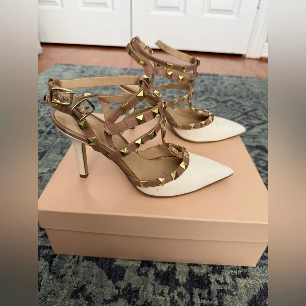 BCBGeneration Women's White and Tan Studded Heels - Picture 3 of 8